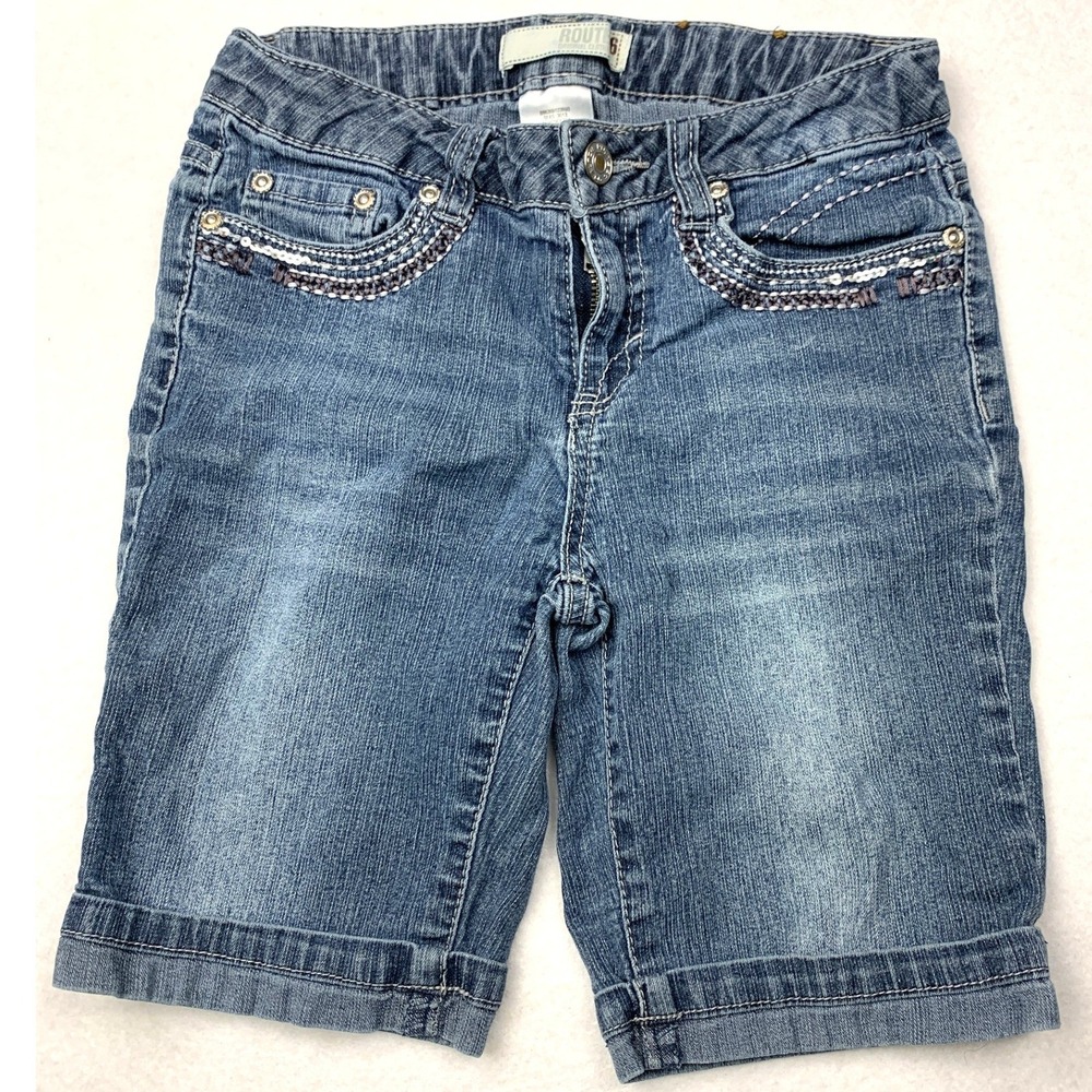 Route 66 Girls Denim Bermuda Shorts Medium Wash Sequin Pockets Size 12